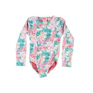 Feather 4 Arrow Rash Guard Swimsuit Tropical Flower Pink Green Girls Size 5